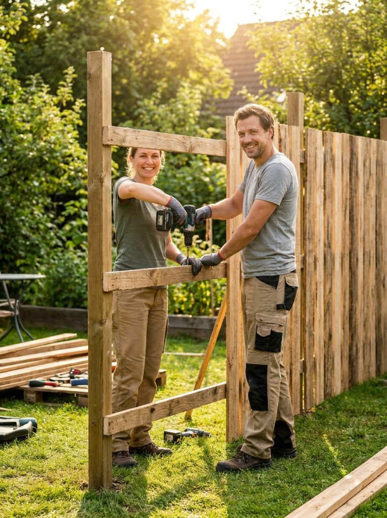 Simple DIY timber privacy fence being built with boards screwed to rails between posts in sunny backyard 