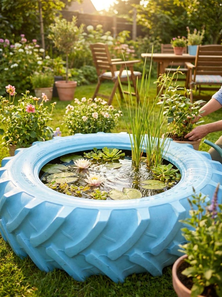 Creative DIY tire pond with large tire lined and filled with water and aquatic plants as upcycled backyard feature