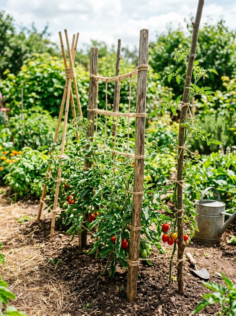 Simple cheap DIY tomato trellis ideas with recycled materials basic stakes and twine showing effective support with minimal investment