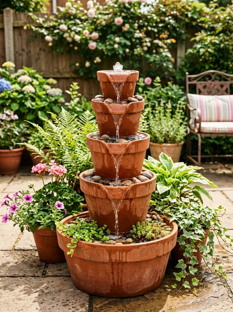  Beautiful easy DIY water fountain from stacked terracotta pots with water flowing through tiers into base pot on sunny patio