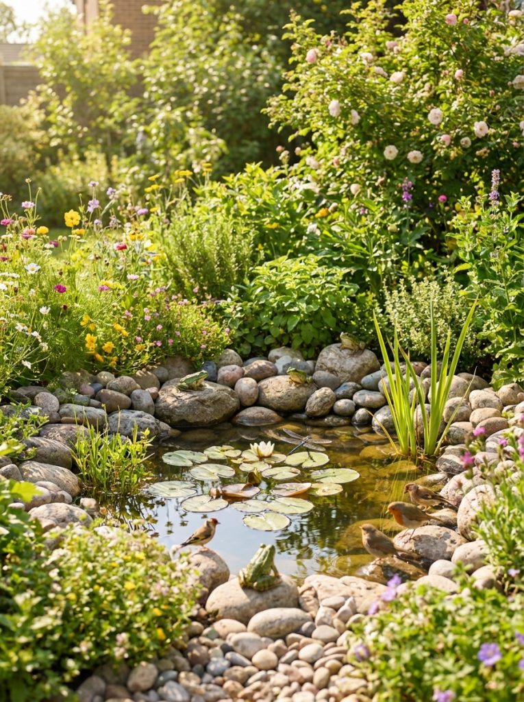 Simple cheap DIY wildlife backyard pond with sloping edges rocks aquatic plants and frogs dragonflies and birds visiting