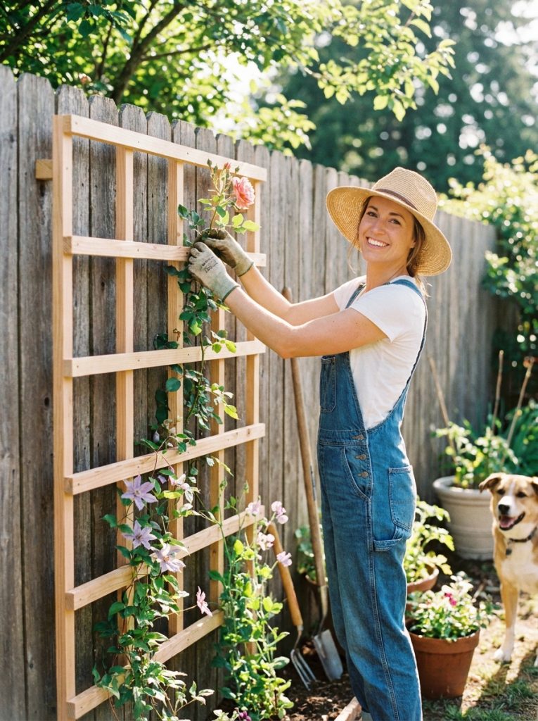  Beautiful DIY wood trellis with simple square grid wooden slats on fence with climbing plants in sunny garden