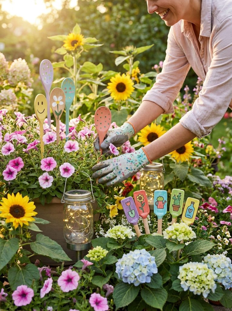 Creative DIY yard decor from dollar store finds including garden stakes solar lanterns and plant markers in sunny garden