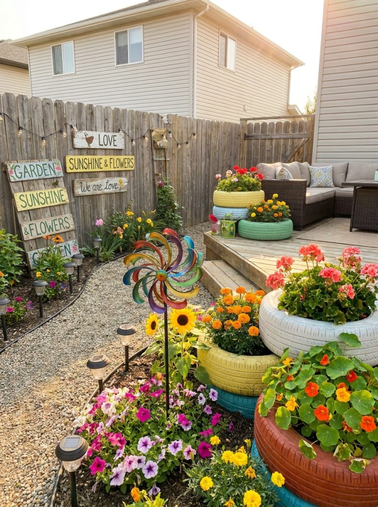 Beautiful backyard with DIY yard decor including solar lights wind spinner wooden signs and tire planters