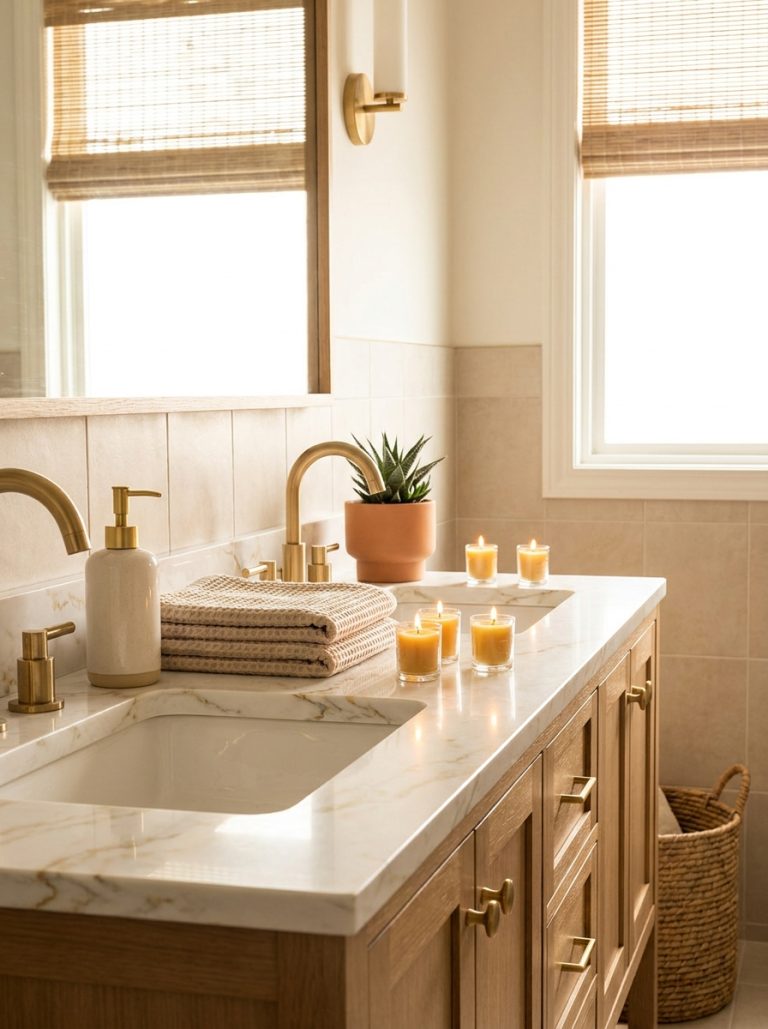 Beautifully decorated bathroom with elegant accessories soap dispenser towels candles and plant in neutral gold tones