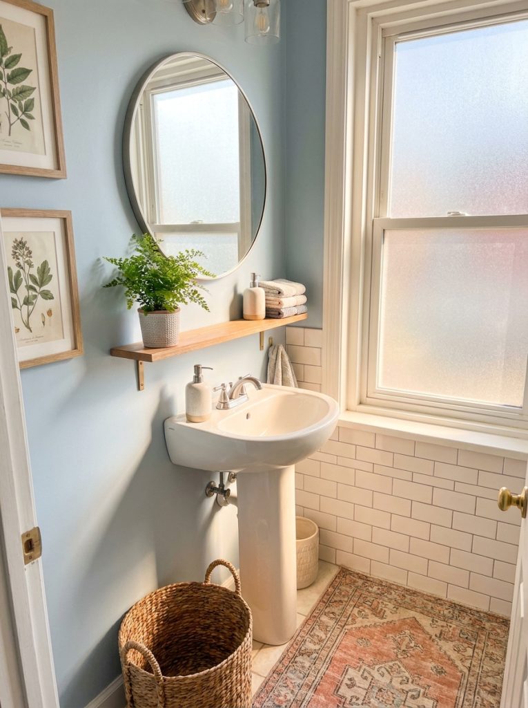 Beautifully decorated half bathroom small space with elegant accessories wall art mirror and plant in clever powder room