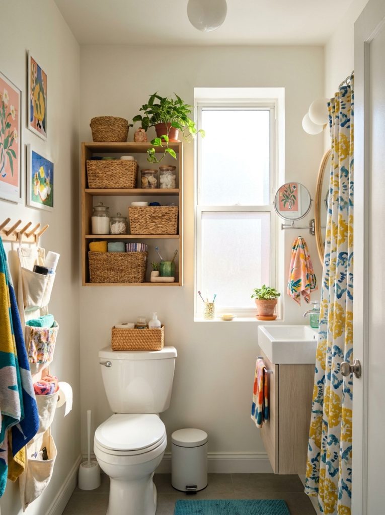 Beautifully decorated small apartment bathroom with wall-mounted accessories over-toilet storage and clever decorative elements