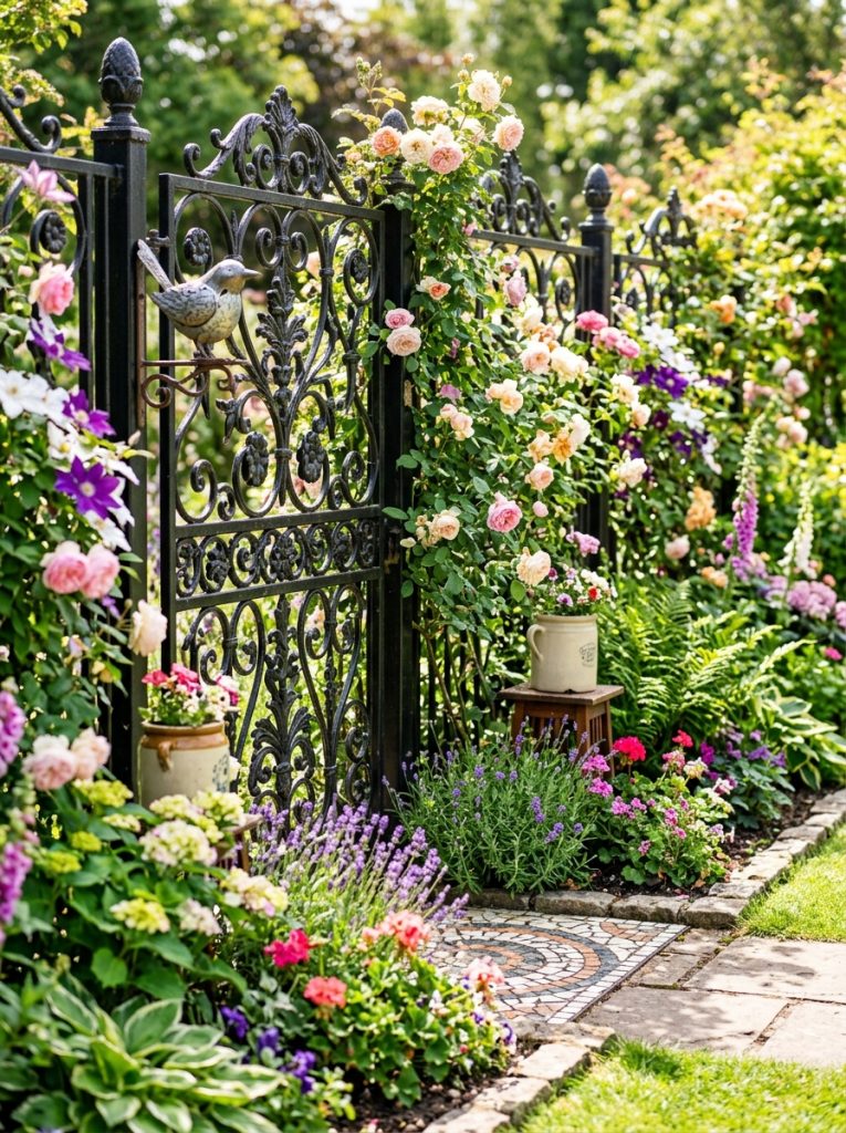 Decorative outdoor fence with ornamental panels and climbing plants used as beautiful garden feature backdrop in sunny garden
