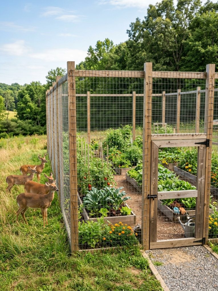 Large deer proof garden enclosure with wooden posts wire mesh and wide wooden gate