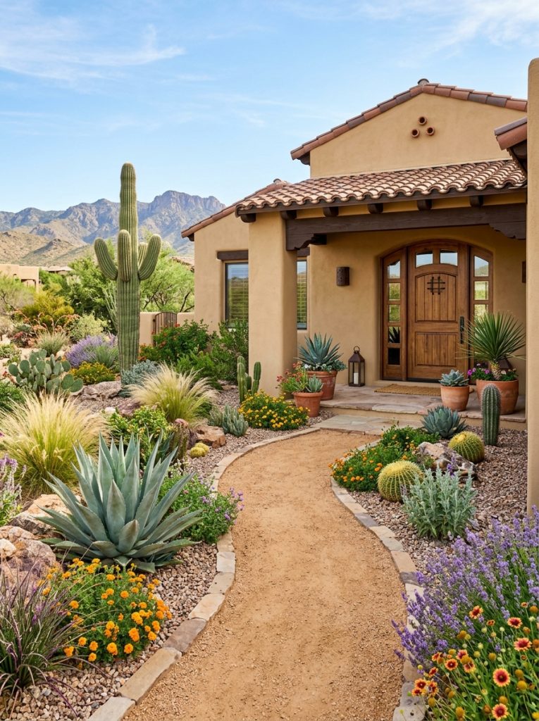 Beautiful Arizona desert front walkway landscaping with gravel path agave cactus and ornamental grasses in bright sunny setting 