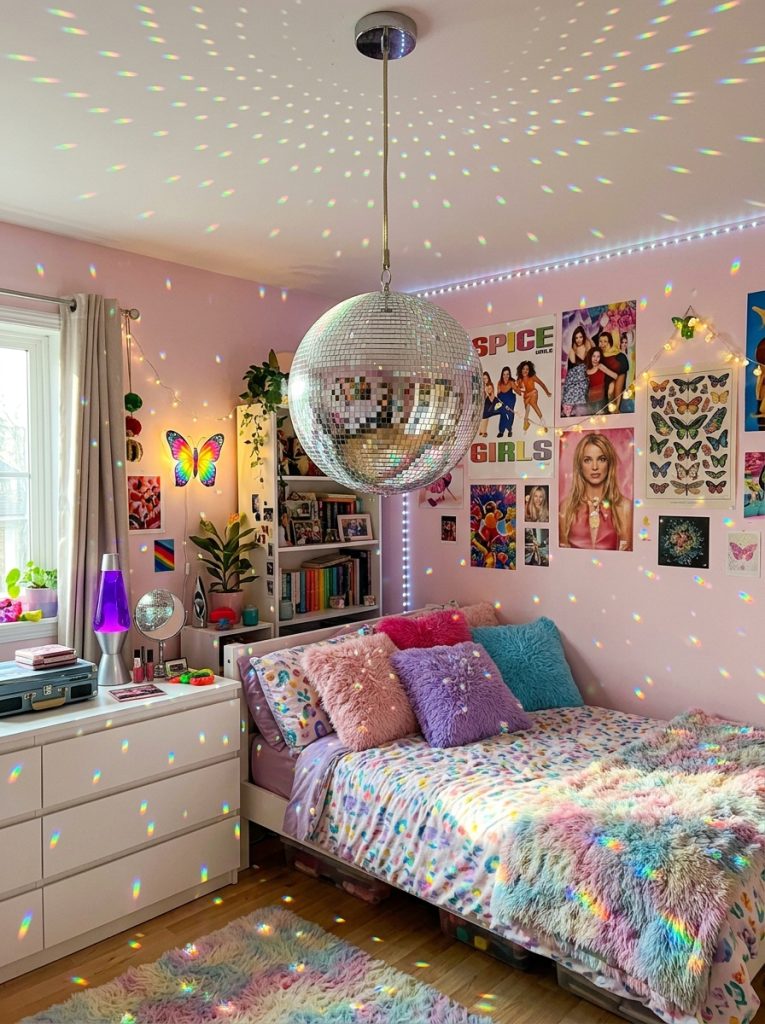 Beautiful disco ball mirror Y2K room decor hanging in bedroom scattering rainbow light spots across walls ceiling and floor