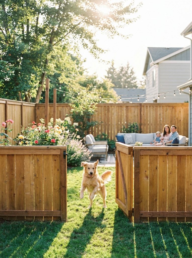 : Strong solid DIY privacy fence with no gaps and secure gate containing happy dog in bright sunny backyard 