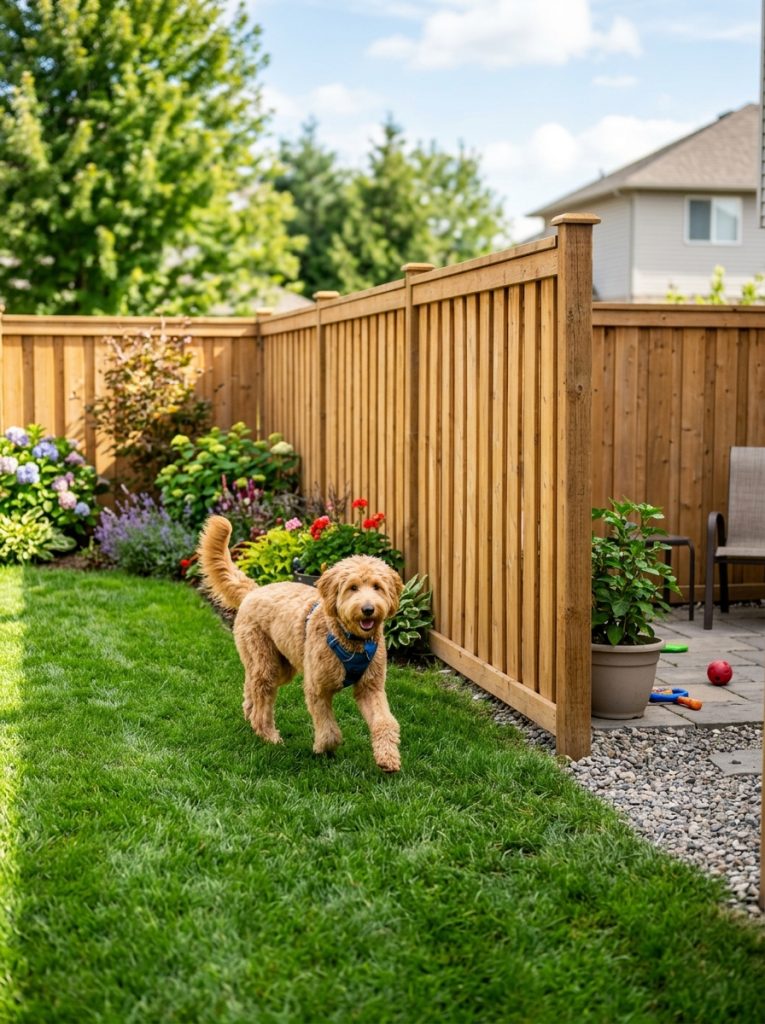 Practical budget dog fence with solid panels no gaps at bottom and happy dog safely contained in bright sunny backyard