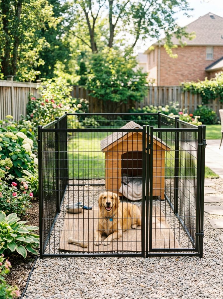Practical outdoor dog kennel fence area with shelter and comfortably contained dog in clean sunny backyard