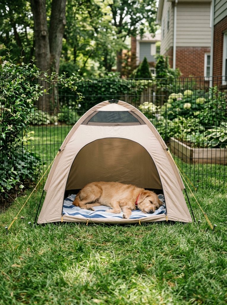 Small beige shade tent staked over outdoor dog run with dog lounging underneath
