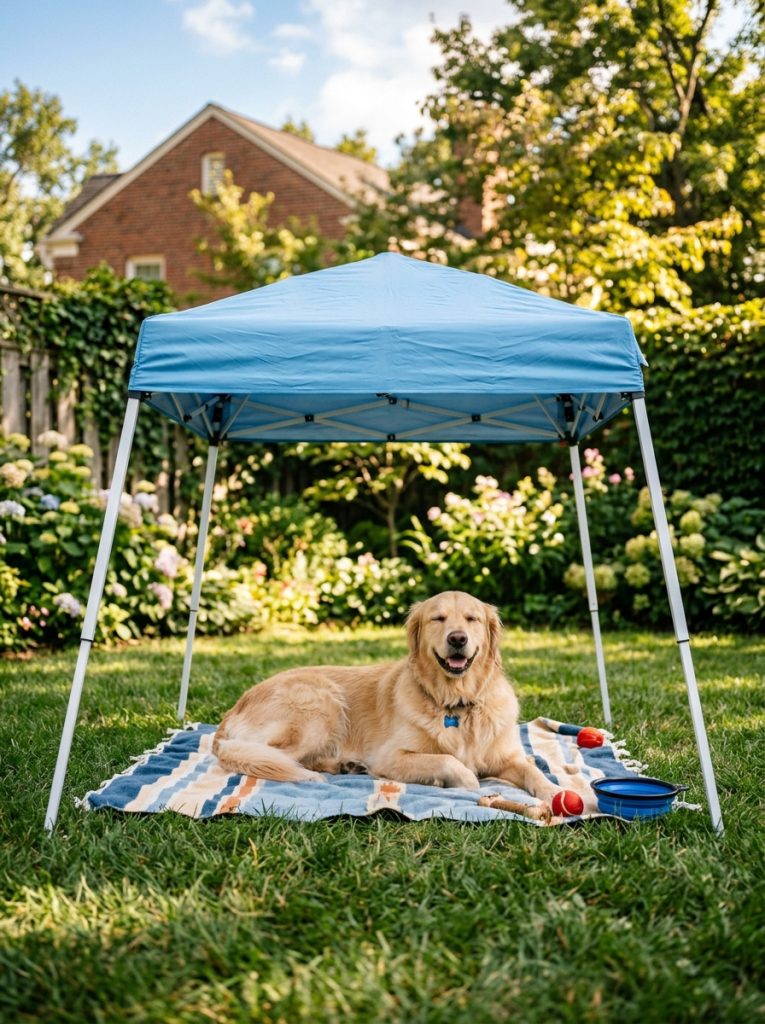Small portable shade canopy set up over pet area with dog resting underneath