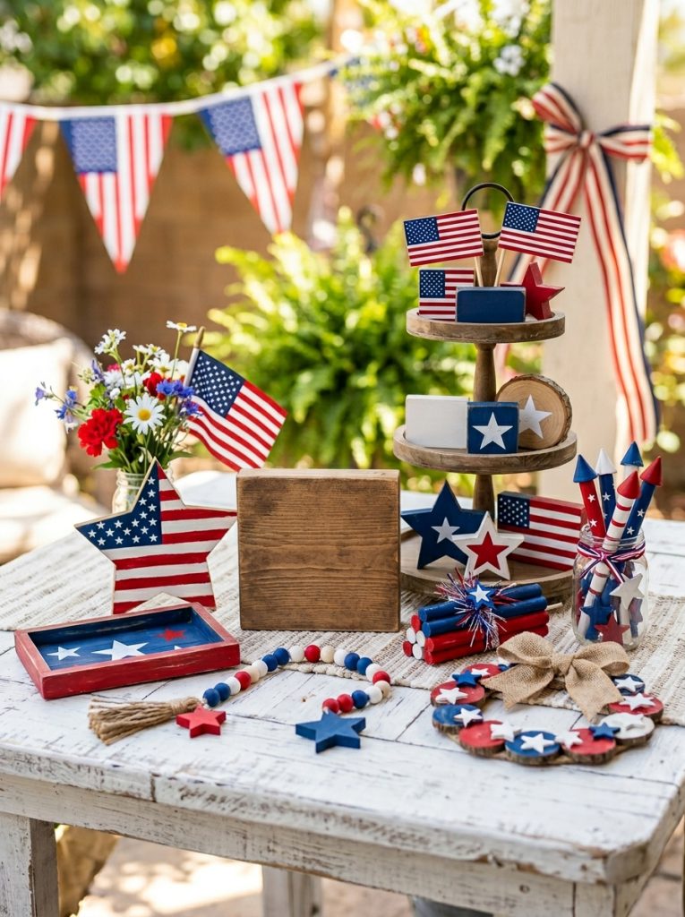 Creative dollar store 4th of July wood craft ideas with inexpensive wood pieces transformed into beautiful patriotic decorations