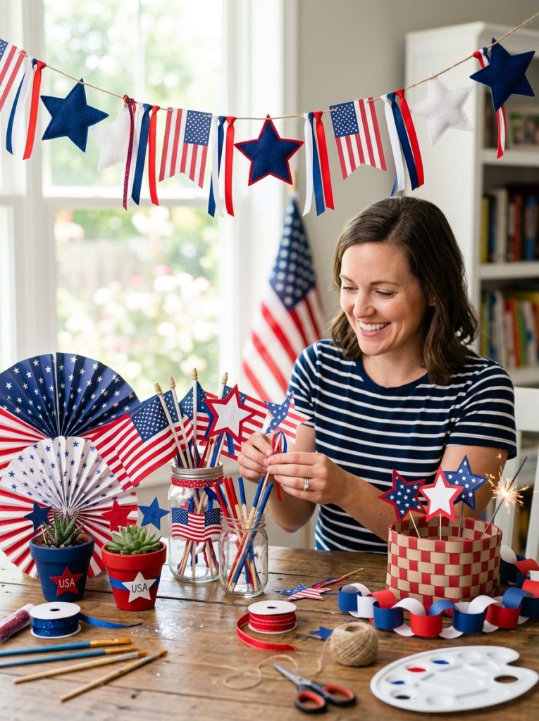 Creative dollar store july craft ideas for kids making budget-friendly patriotic red white blue Independence Day decorations