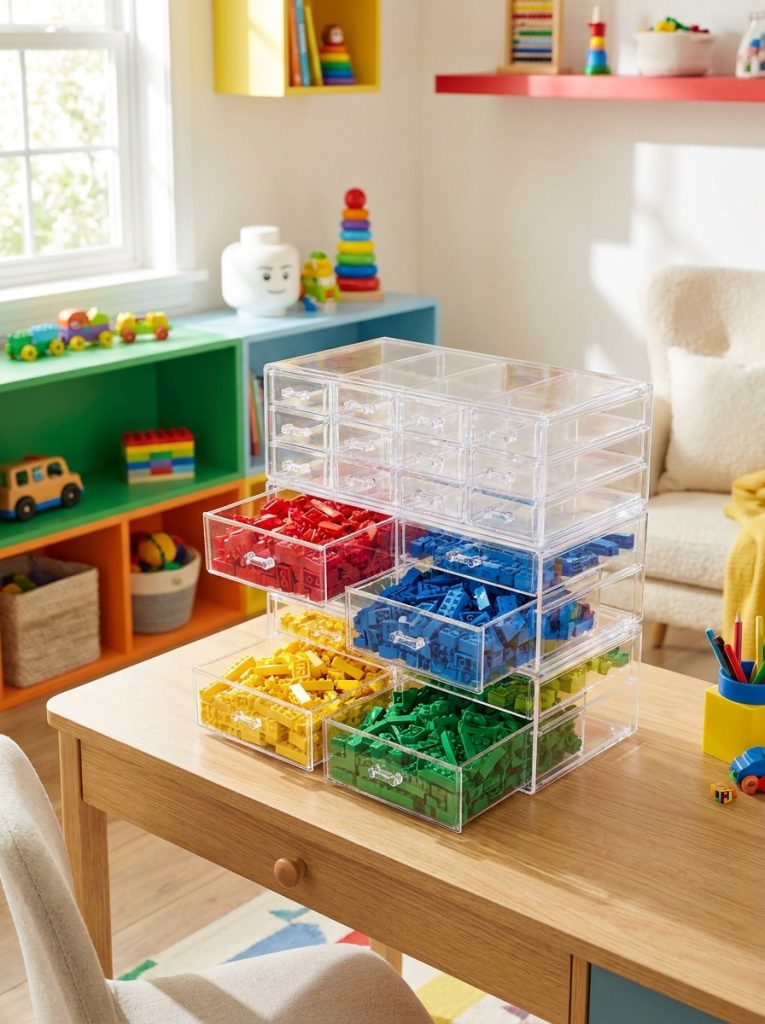 Stackable clear drawer organizer with sorted lego bricks in multiple drawers on kids desk