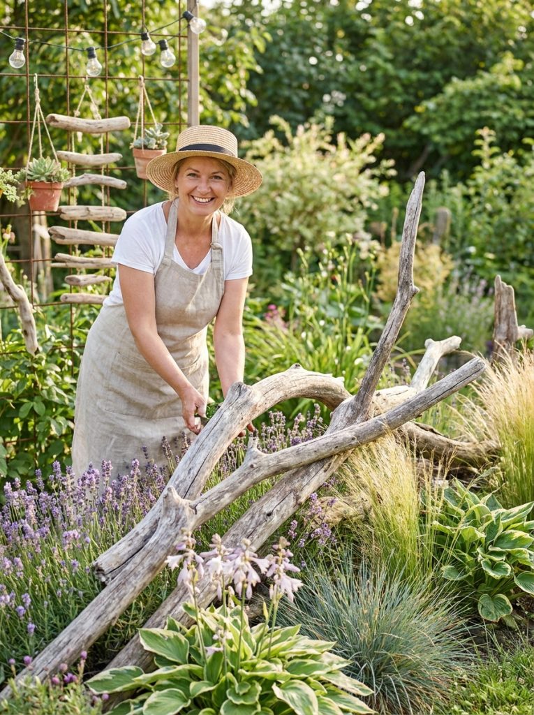 Beautiful DIY rustic garden decor with sculptural driftwood pieces arranged artfully among plants and flowers