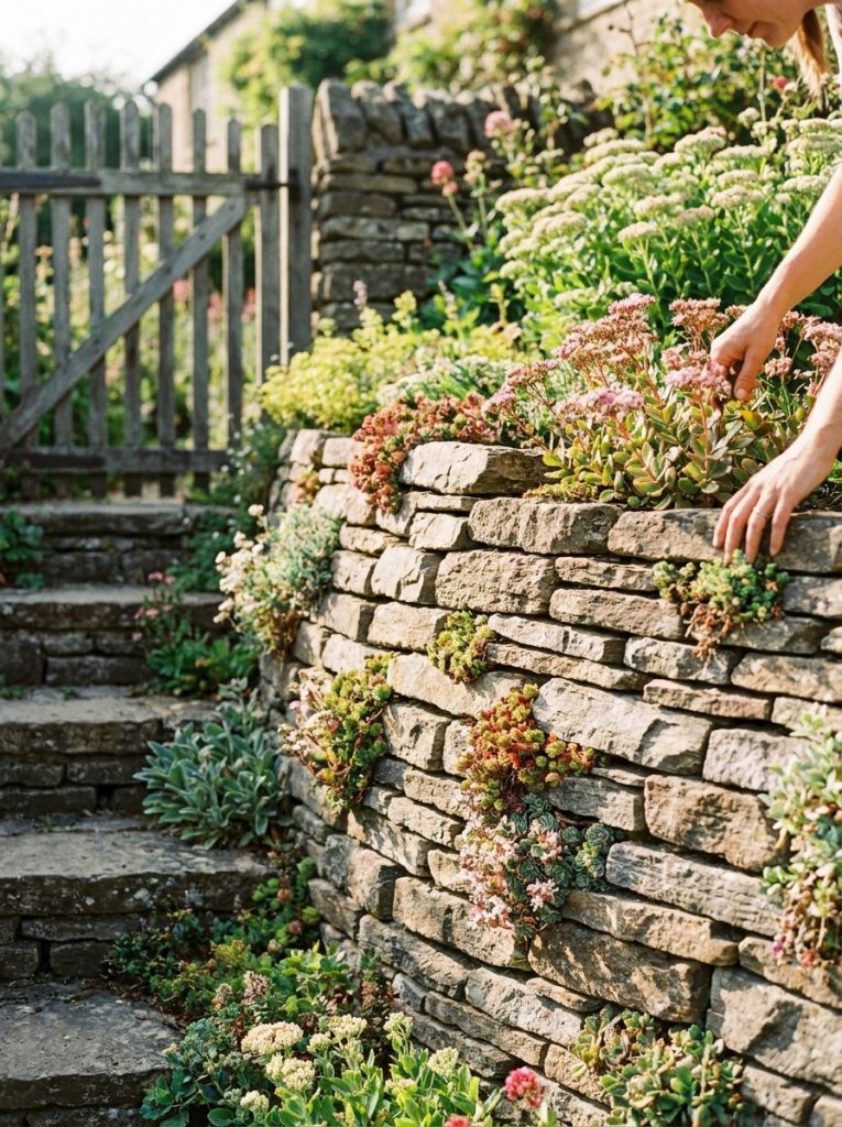 Beautiful dry-stacked natural stone retaining wall with plants growing in joints in sunny cottage garden 