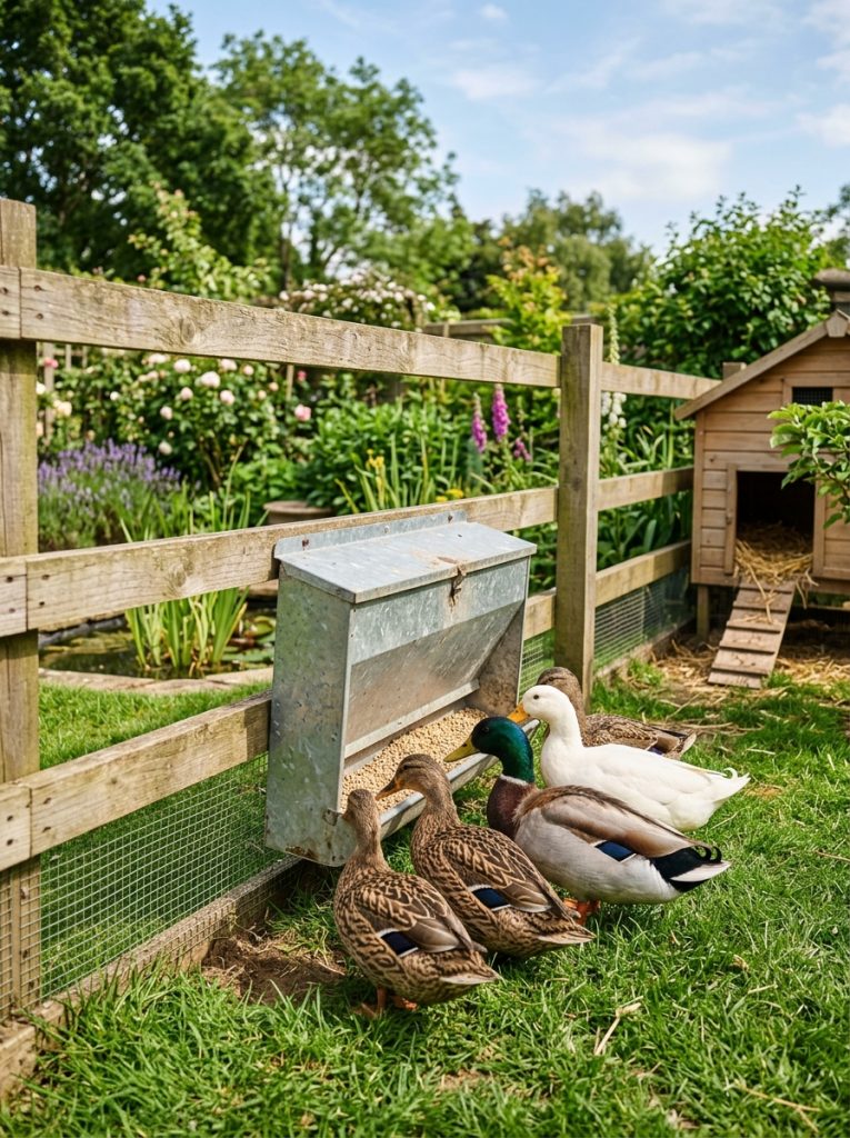 Backyard duck enclosure with outdoor feeder mounted on fence rail and ducks feeding