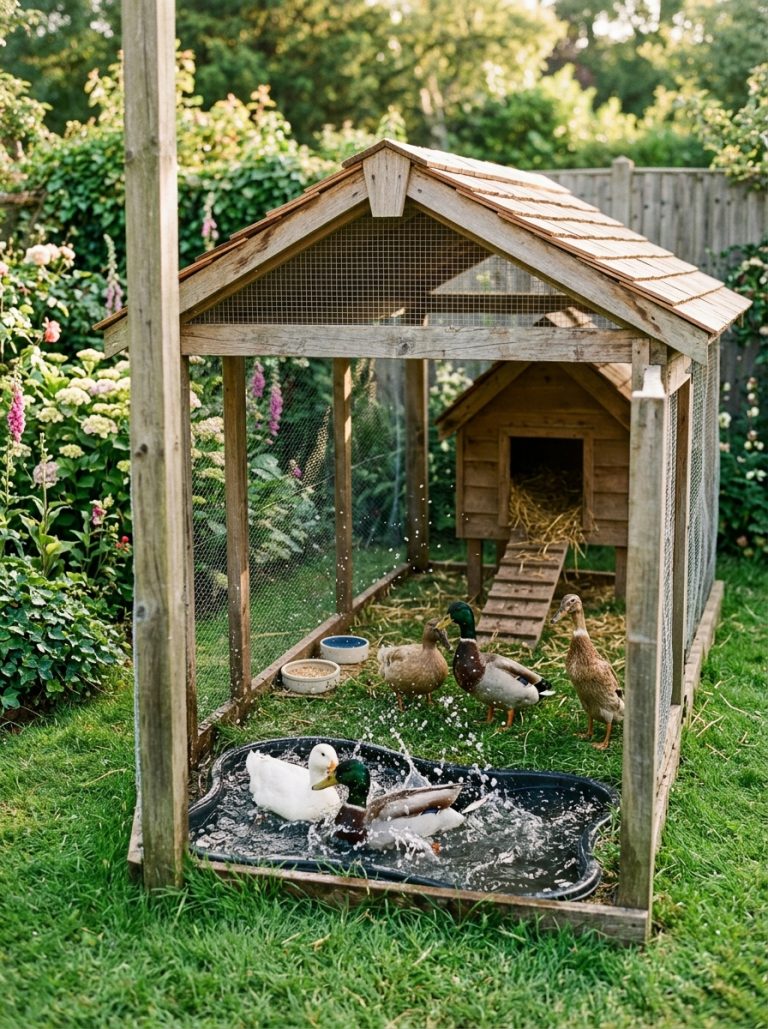 Charming backyard duck enclosure with small pond and happy ducks splashing inside