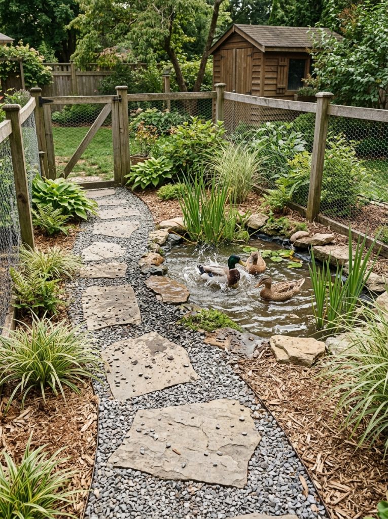 Backyard duck enclosure with gravel pathway around pond area for mud management