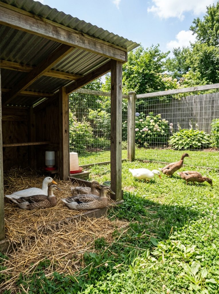  Backyard duck enclosure with shaded wooden shelter where ducks rest on straw