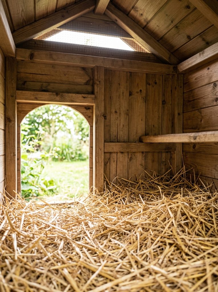 Inside of clean duck house with thick fresh golden straw bedding on floor