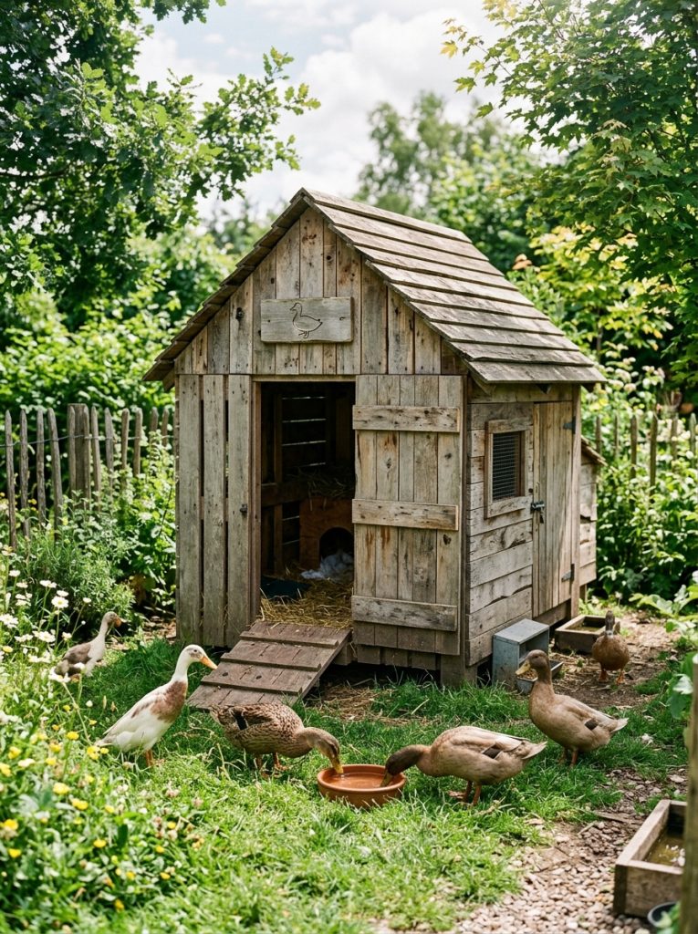 Simple rustic duck house built from reclaimed pallets in sunny green backyard