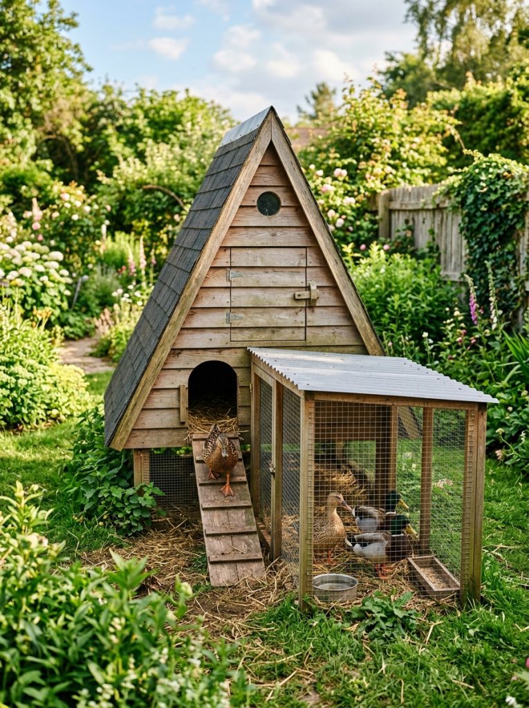 Charming A-frame wooden duck house with covered run and ducks on ramp in backyard