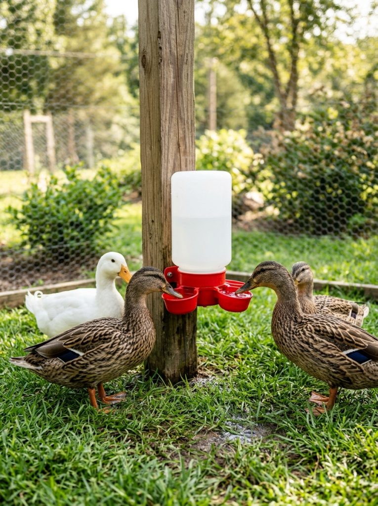 Outdoor duck waterer mounted on post inside duck enclosure with ducks drinking