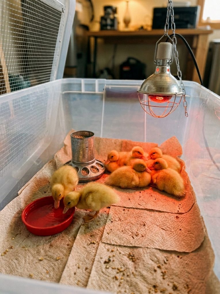 Indoor duckling brooder with paper towel bedding heat lamp and shallow water dish