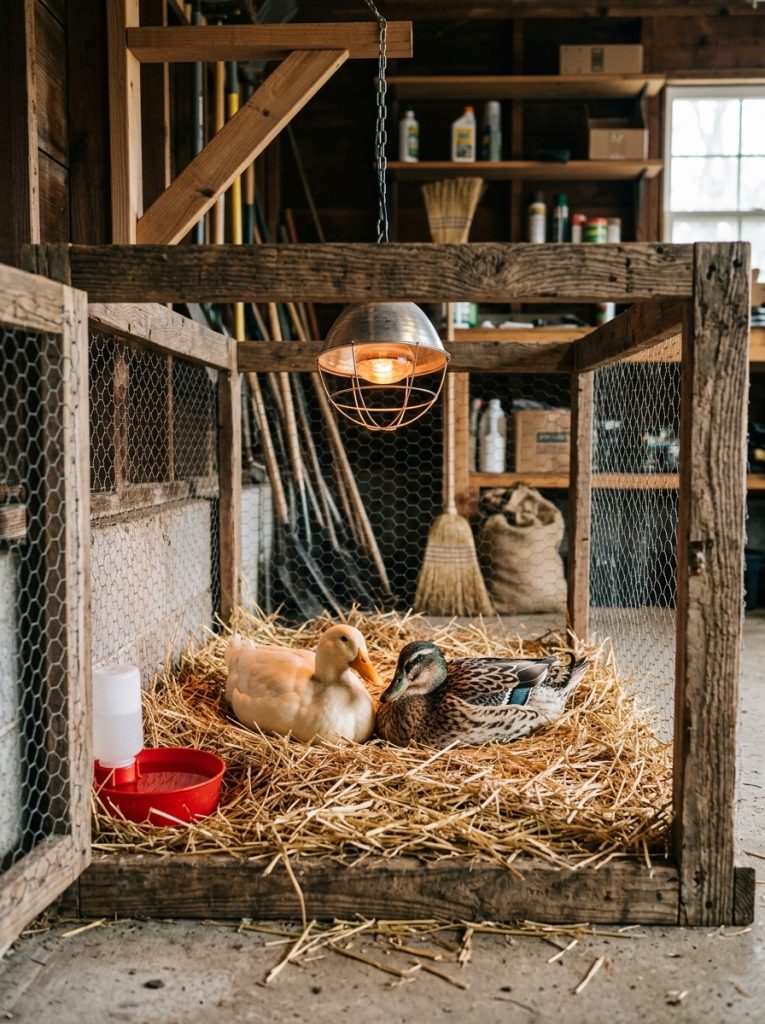 Clean indoor duck enclosure in garage with straw bedding heat lamp and water tub