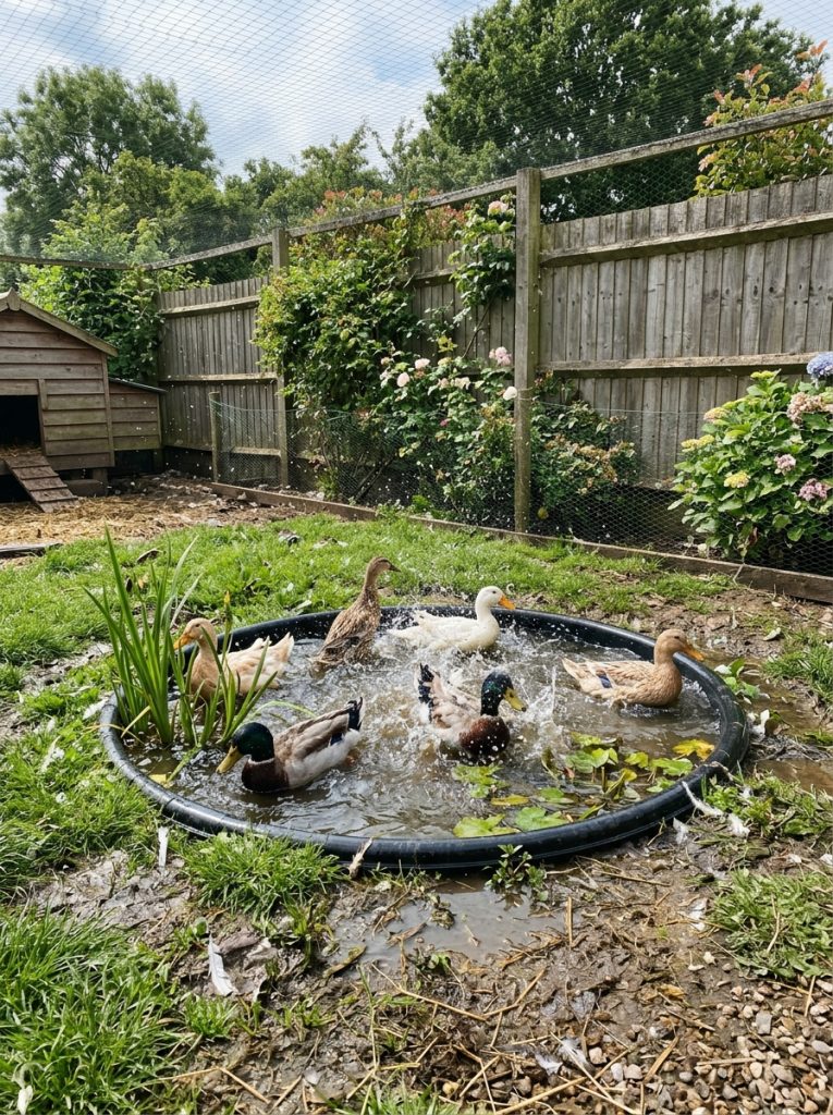 Backyard duck enclosure with small round pond liner pool and ducks splashing inside