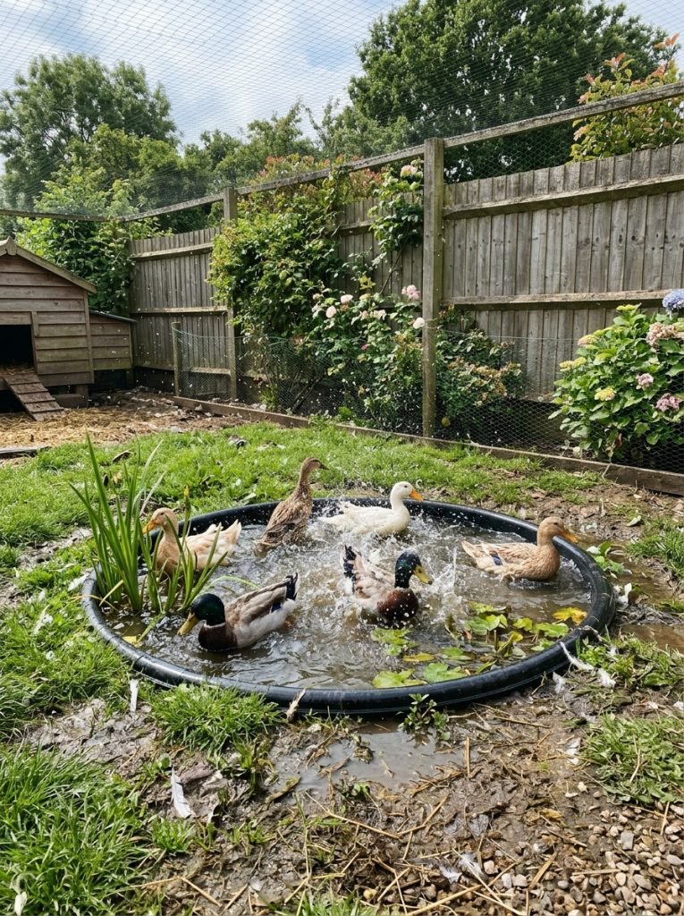 Backyard duck enclosure with small round pond liner pool and ducks splashing inside