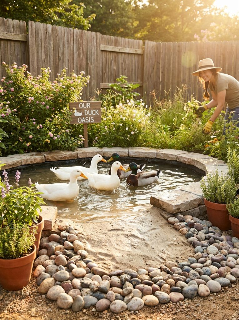 Charming DIY duck pond with gently sloping edges ducks swimming in clear water and natural surrounding plants