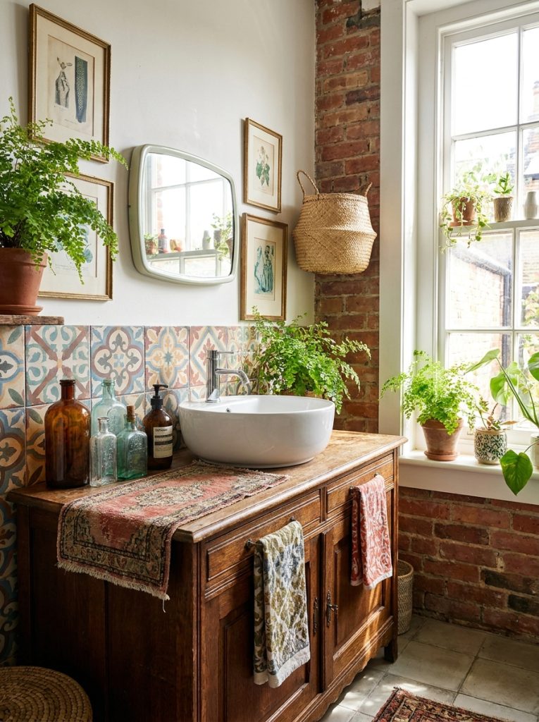 Beautiful eclectic bathroom decor with creative mix of vintage modern accessories plants and colorful accents in styled display