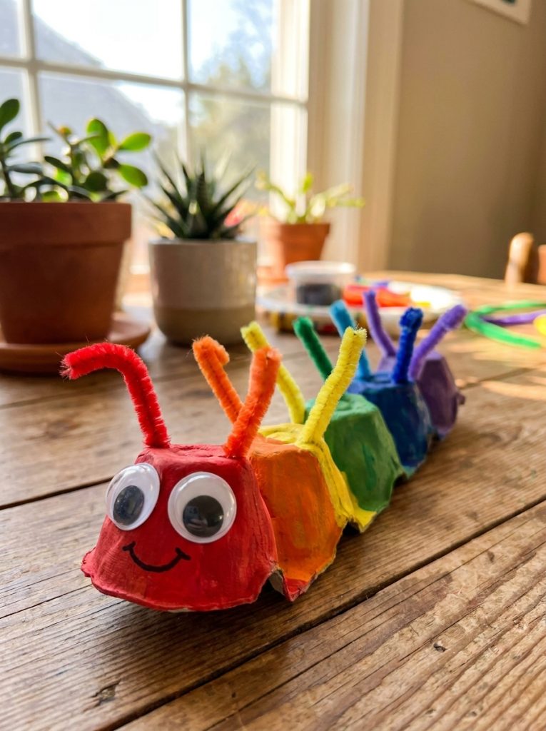  Cheerful egg carton caterpillar insect craft painted rainbow colors with googly eyes and pipe cleaner antennae