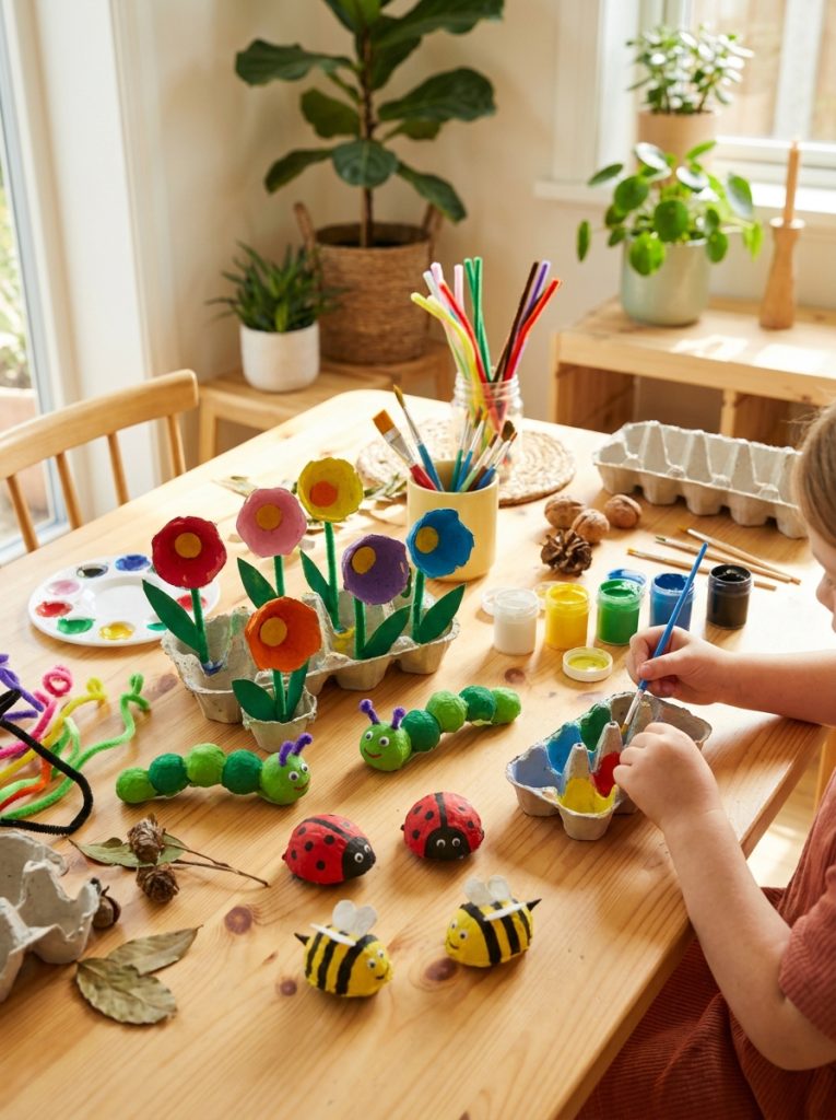 Egg carton crafts made into colorful flowers caterpillars and animals painted bright on craft table