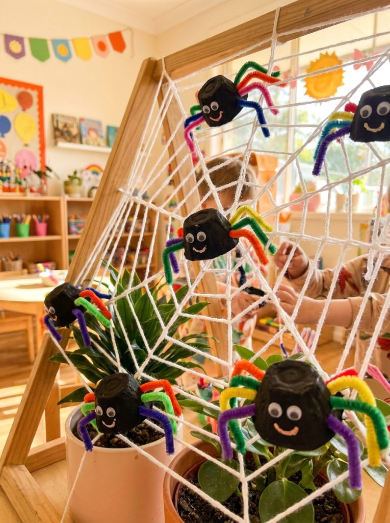 Cheerful egg carton spider insect crafts with black painted cups pipe cleaner legs googly eyes on yarn web 