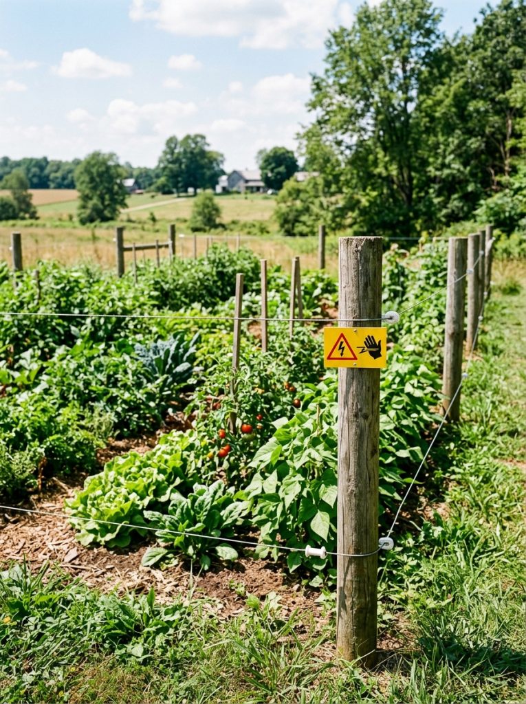 Single strand electric fence enclosure around vegetable garden with deer warning signs on posts