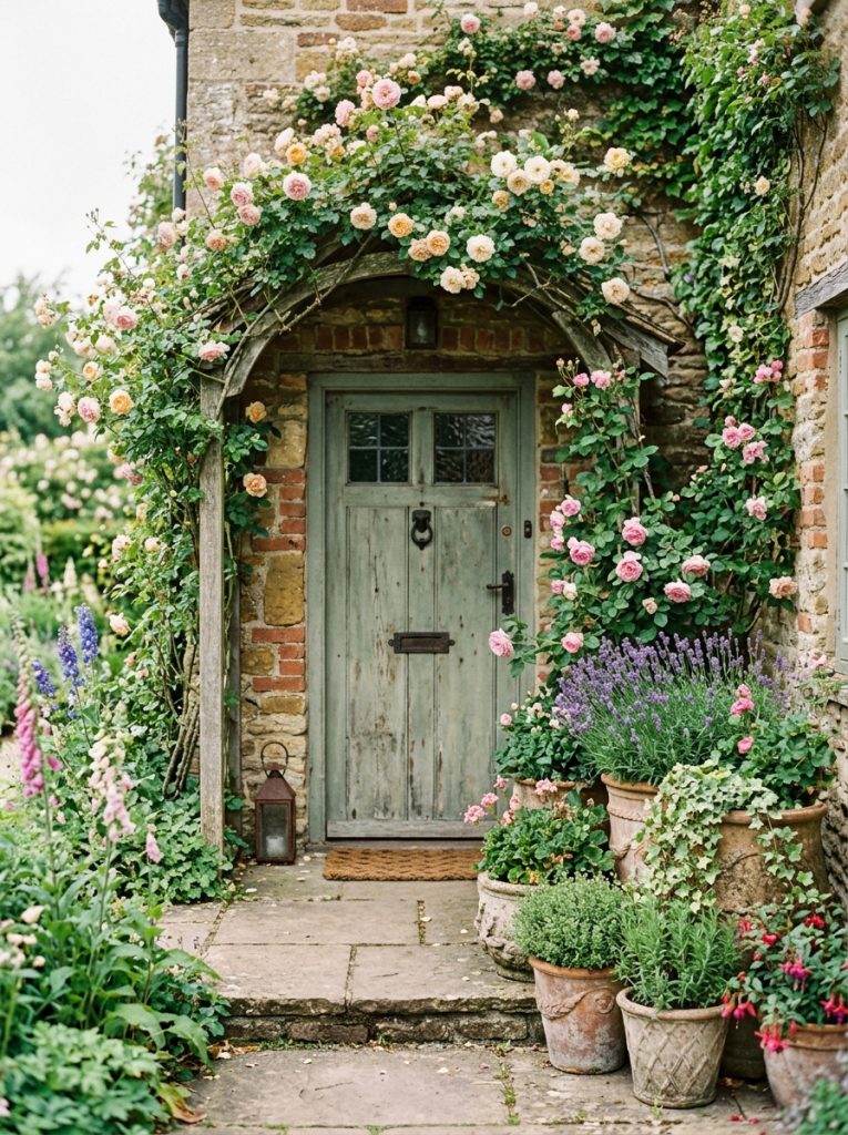 Terracotta pots with climbing roses lavender and herbs on English cottage front porch