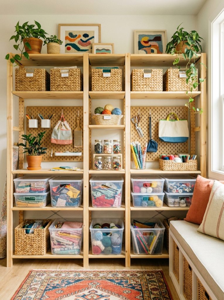 Clever entryway fabric and craft storage with baskets and bins on shelving in bright cheerful entryway