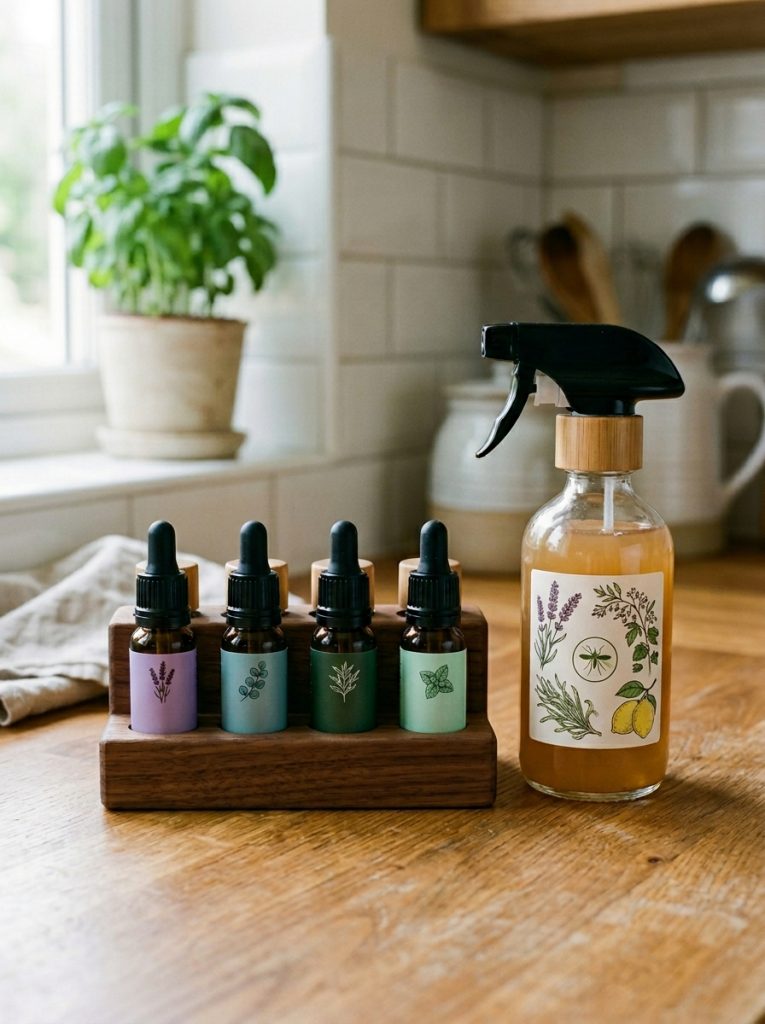 Essential oil set with lavender eucalyptus and peppermint beside homemade mosquito repellent bottle