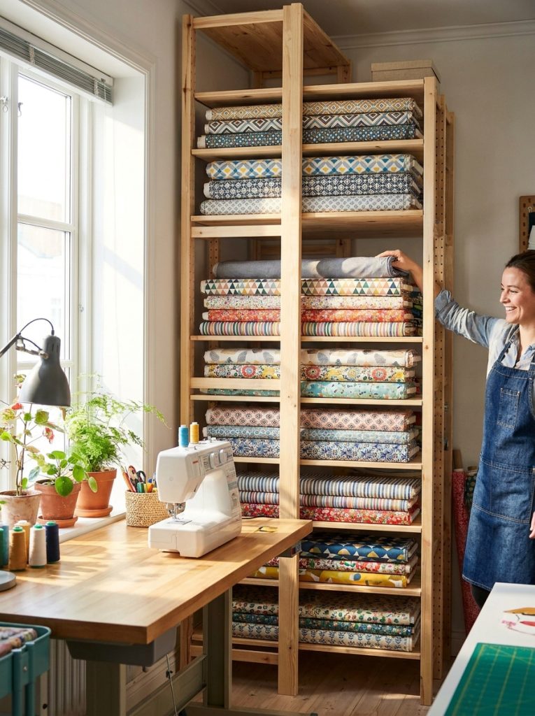 Fabric bolt storage rack with fabric rolls stacked neatly in bright organized sewing room