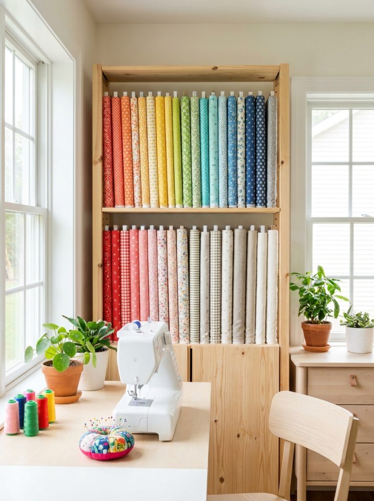 Small shop style bolt fabric storage with bolts standing in row on shelf showing patterns in bright sewing room