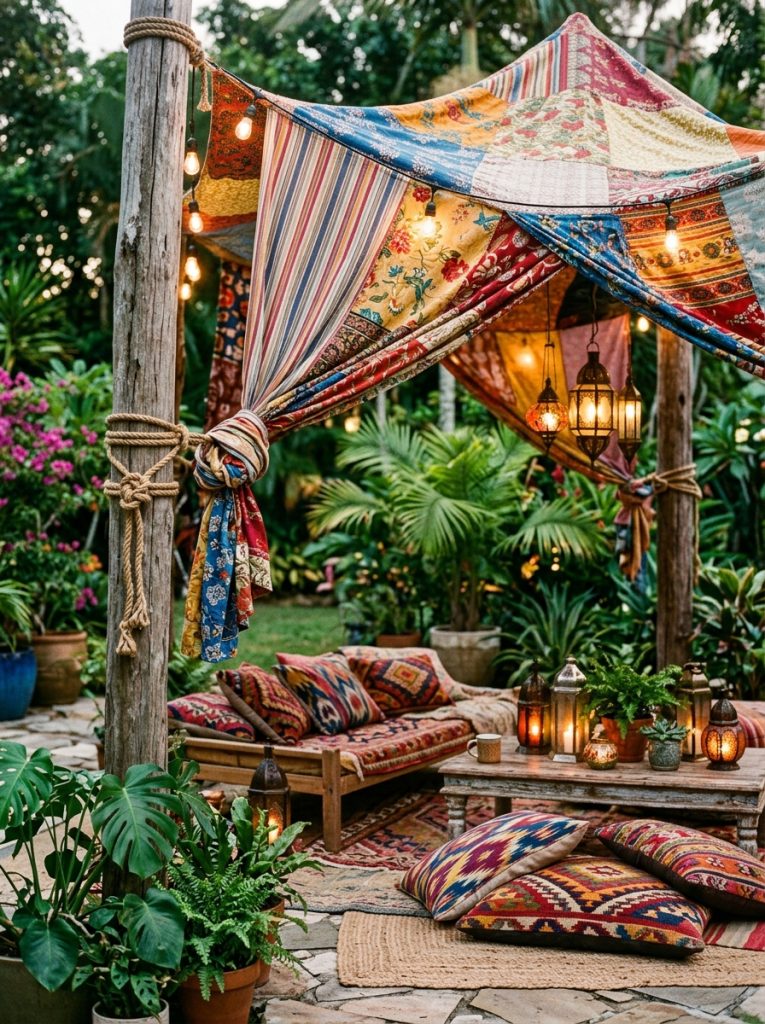 Colorful repurposed fabric canopy tied to posts over boho outdoor seating area