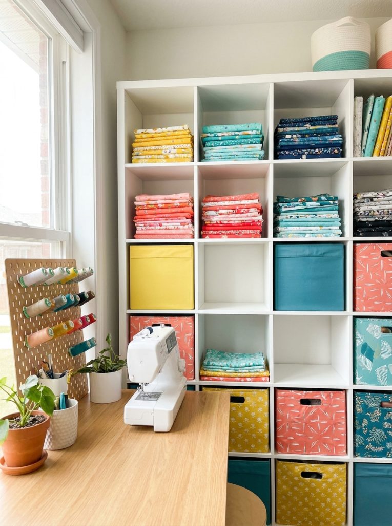 Fabric cube organizers in sewing room with fabric folded neatly in each cube section